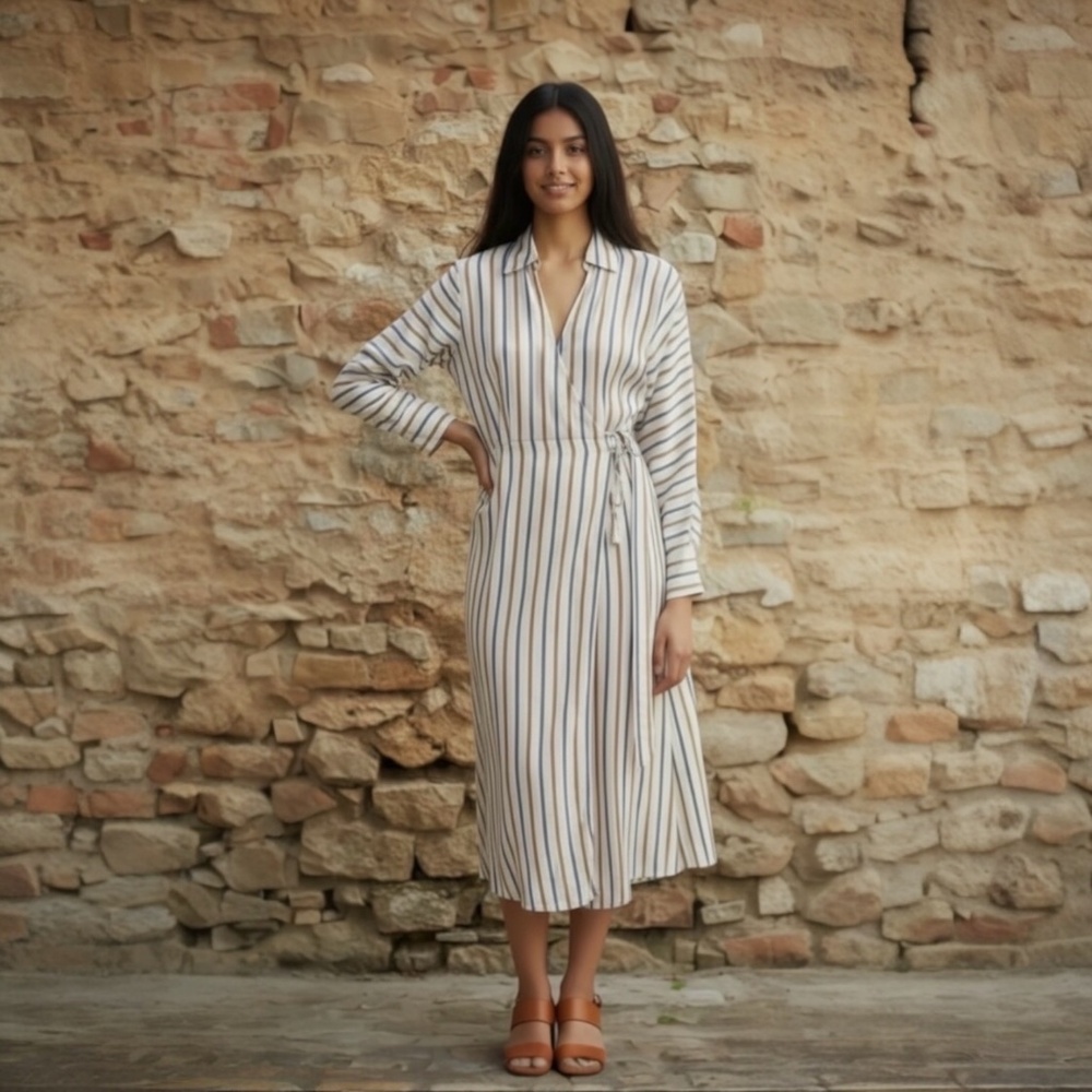 Veronica Beard Dress Noor Striped Belted Wrap Dress in Sand/Slate Size 0